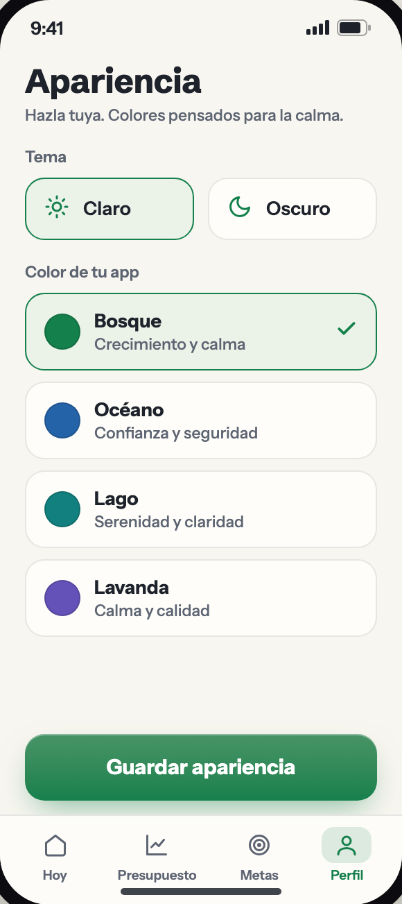 Pantalla Apariencia: tema claro u oscuro y 4 colores