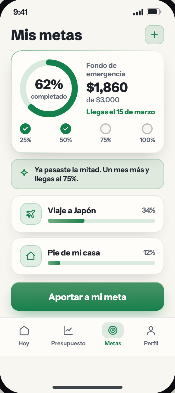 Pantalla Metas: anillo de progreso, hitos y fecha estimada de llegada